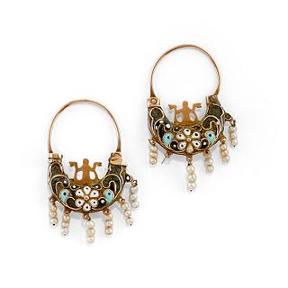 A low-carat gold, enamel and pearl earrings, defects