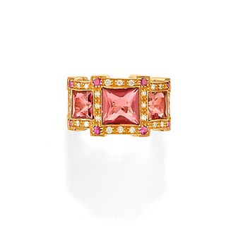 A 18K rose gold, tourmaline, diamond and ruby ring