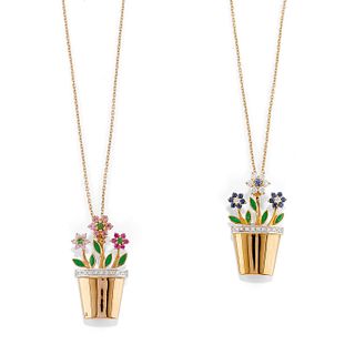 Two18K yellow gold, diamond, blue and pink sapphire, ruby, tanzanite and enamel necklaces with pendants