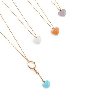 Four 18K yellow gold, multicolor gemstone and diamond necklaces