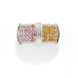 A 18K white gold, diamond, yellow and pink sapphire ring
