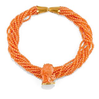 A 18K yellow gold, coral and diamond necklace