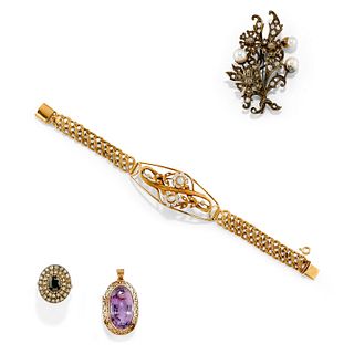 Lot of silver, low-carat yellow gold, sapphire, amethyst, cultured pearl, diamond and synthetic gemstone jewels