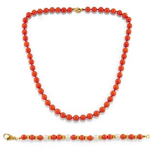 A 18K yellow gold, cultured pearl and coral jewels