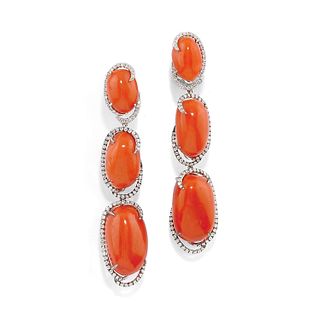 A 18K white gold, coral and diamond pendant earrings