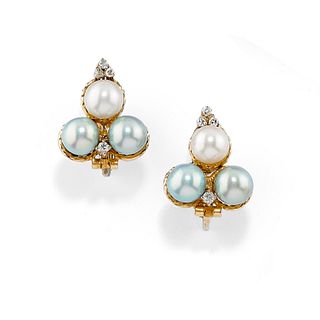 A 18K two-color gold, cultured pearl and diamond earclips