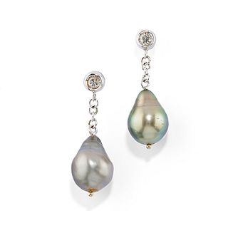 A 18K white gold, diamond and cultured pearl earrings