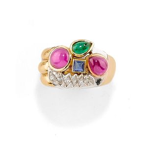 A 18K two-color gold, ruby, emerald, sapphire and diamond ring
