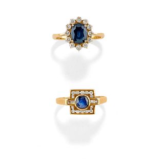 Two 18K yellow gold, sapphire and diamond rings