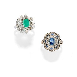 Two 18K two-color gold, silver, emerald, sapphire and diamond rings