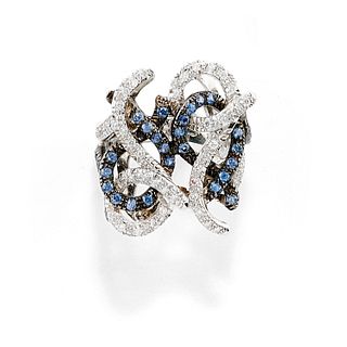 A 18K white gold, 18K burnished gold, diamond and sapphire ring