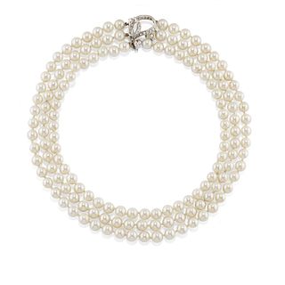 A 18K white gold, cultured pearl and diamond necklace