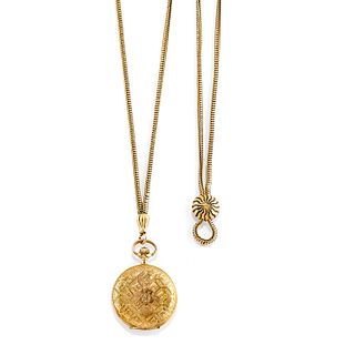 A 14K gold and black enamel necklace with pocket watch, defects