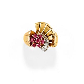 A 14K three-color gold, ruby and diamond ring