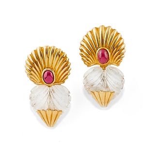 A 18K yellow gold, ruby and rock crystal earrings