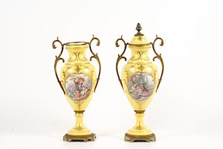 Pair of Sevres Style Handpainted Covered Urns