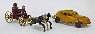 2 Arcade Hubley Cast Iron Taxi Fire Cart Toy Group