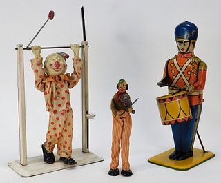 3PC Antique Tin Lithograph Wind Up Clown Toy Group