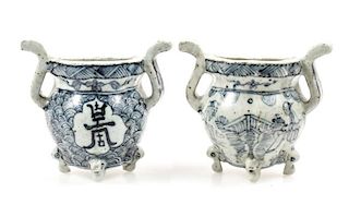 Pair of Chinese Urn Form Blue & White Wall Pockets