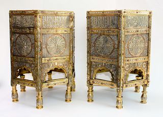 Pair of Mamluk Revival Islamic Koran Brass/Silver Tables, Kursi 