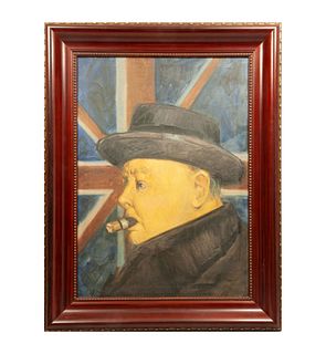 Anonymous. Winston Churchill. Oil on canvas. Framed. 27 x 19.2" (69 x 49 cm)