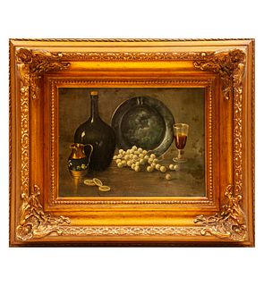 Anonymous. Still life with plate and glass. Oil on fibercel. Framed. 11.4 x 15.3" (29 x 39 cm)