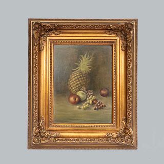 Anonymous. Still life with pineapple. Oil on fibercel. Framed. 15.3 x 11.4" (39 x 29 cm)