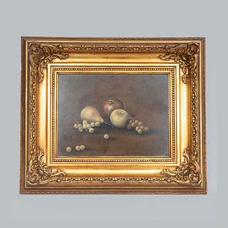 Anonymous. Still Life with Pear and Grapes. Oil on fibercel. Framed. 11.4 x 15.3" (29 x 39 cm)