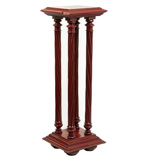 Pedestal. 20th century. Architectural design. Made of wood and resin. With rectangular cover, shafts like torsional columns.