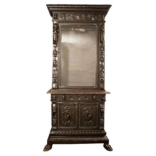 Cabinet. 20th century. French style. Carved in wood. Electrified for an internal light. With 3 doors and drawer.
