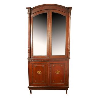 Cabinet. 20th century. Carved in wood. With 4 folding doors, 2 glass doors, internal rectangular moon mirror and smooth supports.