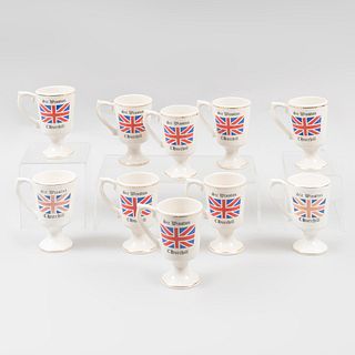 Lot of 10 cups. 20th century. Porcelain. Decorated with gold enamel, Union Jack crest and "Sir Winston Churchill" inscription.