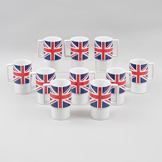 Lot of 10 cups. 21st century. Porcelain. Decorated with Union Jack shield in color sublimation.