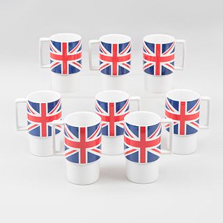 Lot of 8 cups. 21st century. Porcelain. Decorated with Union Jack shield in color sublimation.
