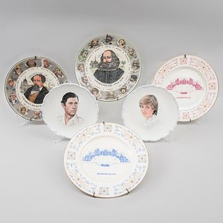 Lot of 6 decorative plates. UK. 20th century. Made in Royal Albert, Royal Doulton and Reli Washbourne porcelain.