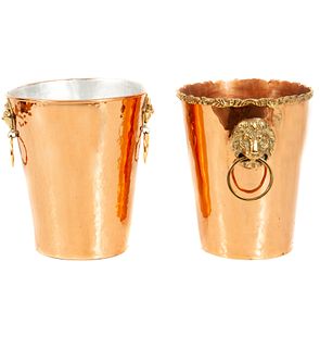 Lot of 2 ice buckets. 20th century. Different designs. Made of gilded brass and copper. With circular handles.