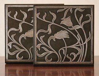 Heintz Sterling on Bronze Floral Overlay Bookends c1915