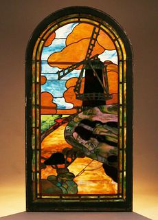 Arts & Crafts Stained Glass Window Dutch Windmill c1910