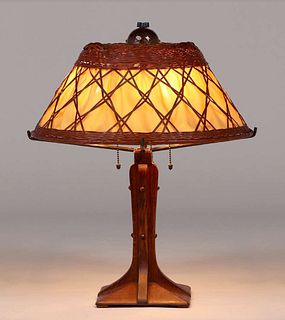 Gustav Stickley Oak & Japanese Wicker Lamp c1910