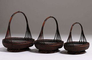 Set of 3 Antique Japanese Nesting Ikebana Baskets c1910