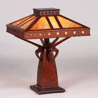 Peterson Art Furniture Co Oak & Slag Glass Lamp c1910