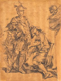 AMBIT OF GIOVAN BATTISTA PITTONI (Venice, 1687 - 1767) - Study for a scene with two soldiers in roman armor and two figures in seventeeth century dres