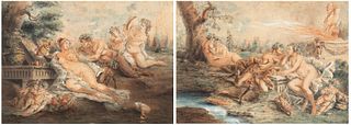 JACQUES-PHILIPPE CARESME (Paris, 1734 - 1796) - Satyrs with nymphs and putti, couple of drawings en pendant