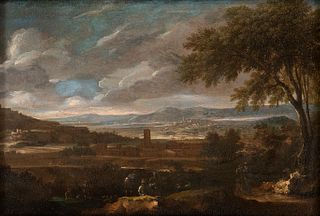 AMBITO DI GASPARD DUGHET (Roma, 1615 - 1675) - Landscape with wayfarers in foreground and towns in background