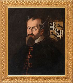 SPANISH ARTIST (?), 17 th CENTURY - Portrait of man with noble arms
