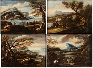 FRANCESCO GRAZIANI (Naples, active between 1680 - 1730)    - Landscapes with figures, series of 4 canvas en pendant