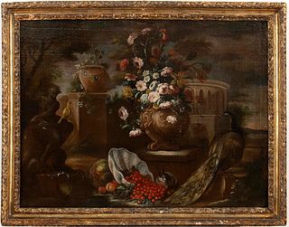 NEAPOLITAN SCHOOL, FIRST HALF OF THE 18th CENTURY - Still life with flowers and peacock