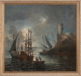 FOLLOWER OF CLAUDE JOSEPH VERNET (Avignon, 1714 - Paris, 1789)  - Seascape with boats, figures and tower on the background<br>