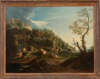 JAN FRANS VAN BLOEMEN (Antwerp, 1662 - Rome, 1749)    - Landscape with figures and fortified village on the background