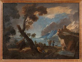 BARTOLOMEO PEDON (Venice, 1665 - 1732)           - Coastal landscape with figures and fortress on a rock